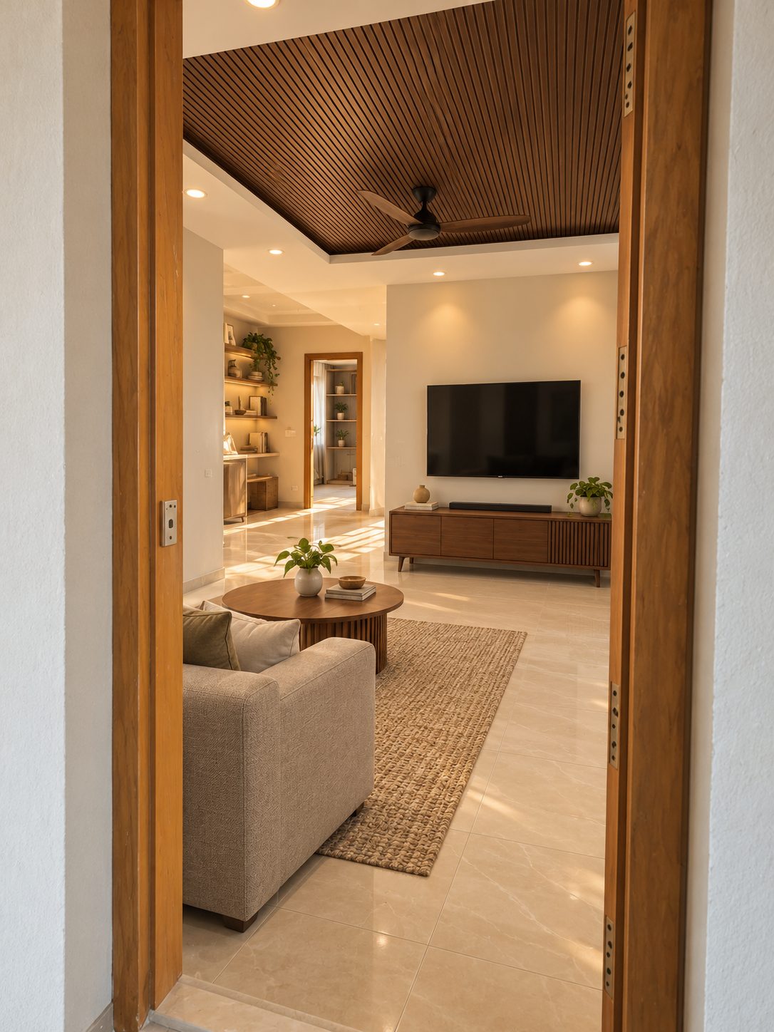 Furnished living and dining visualisation of an inner-facing home