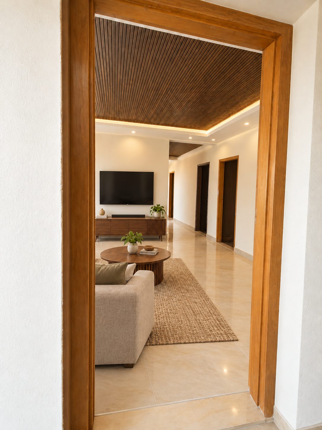 Furnished living room visualisation of a road-facing home with a walnut-finish ceiling