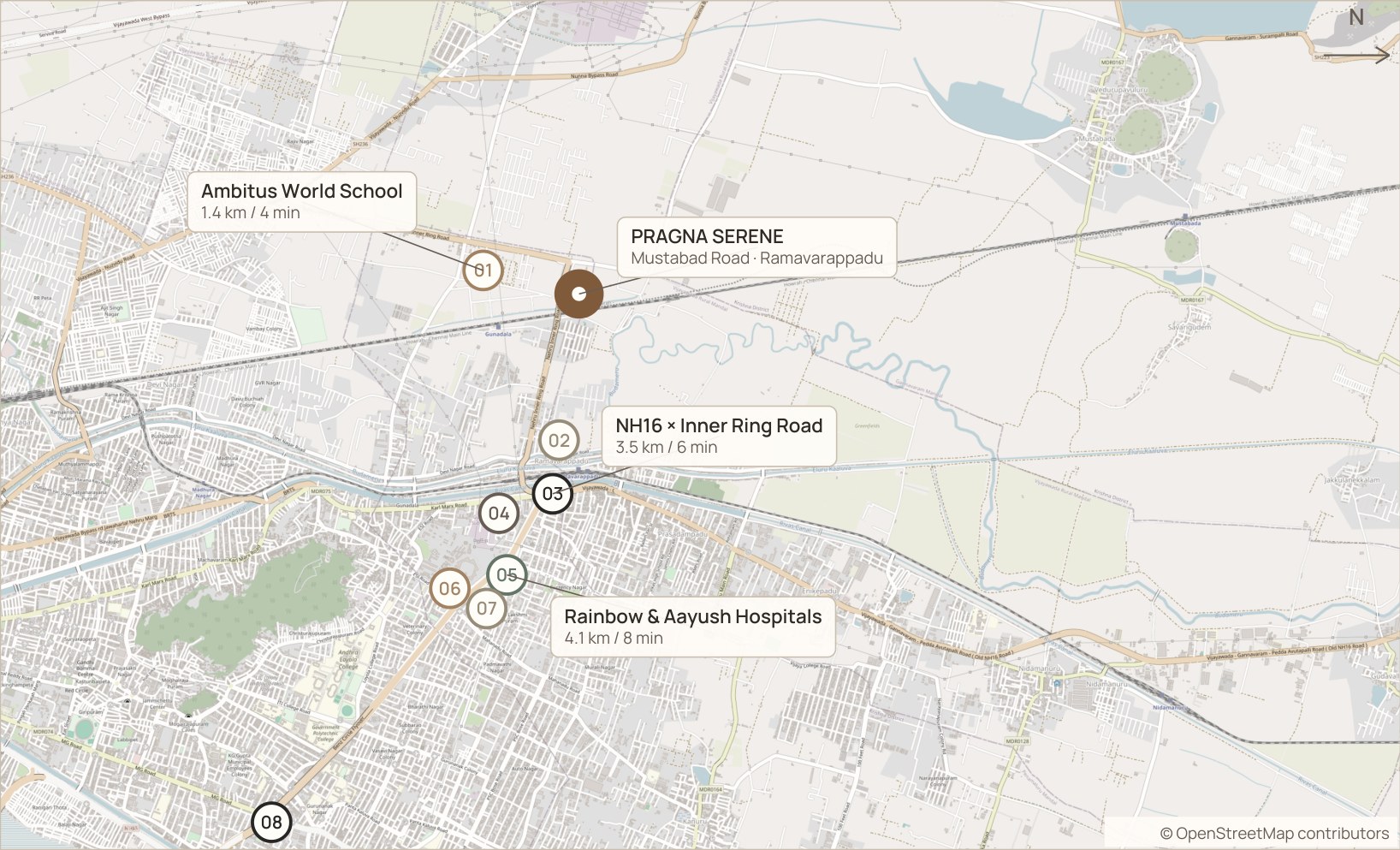 Map of eastern Vijayawada with the Pragna Serene site, Ambitus World School, the NH16 and Inner Ring Road junction, the hospitals cluster and Benz Circle marked