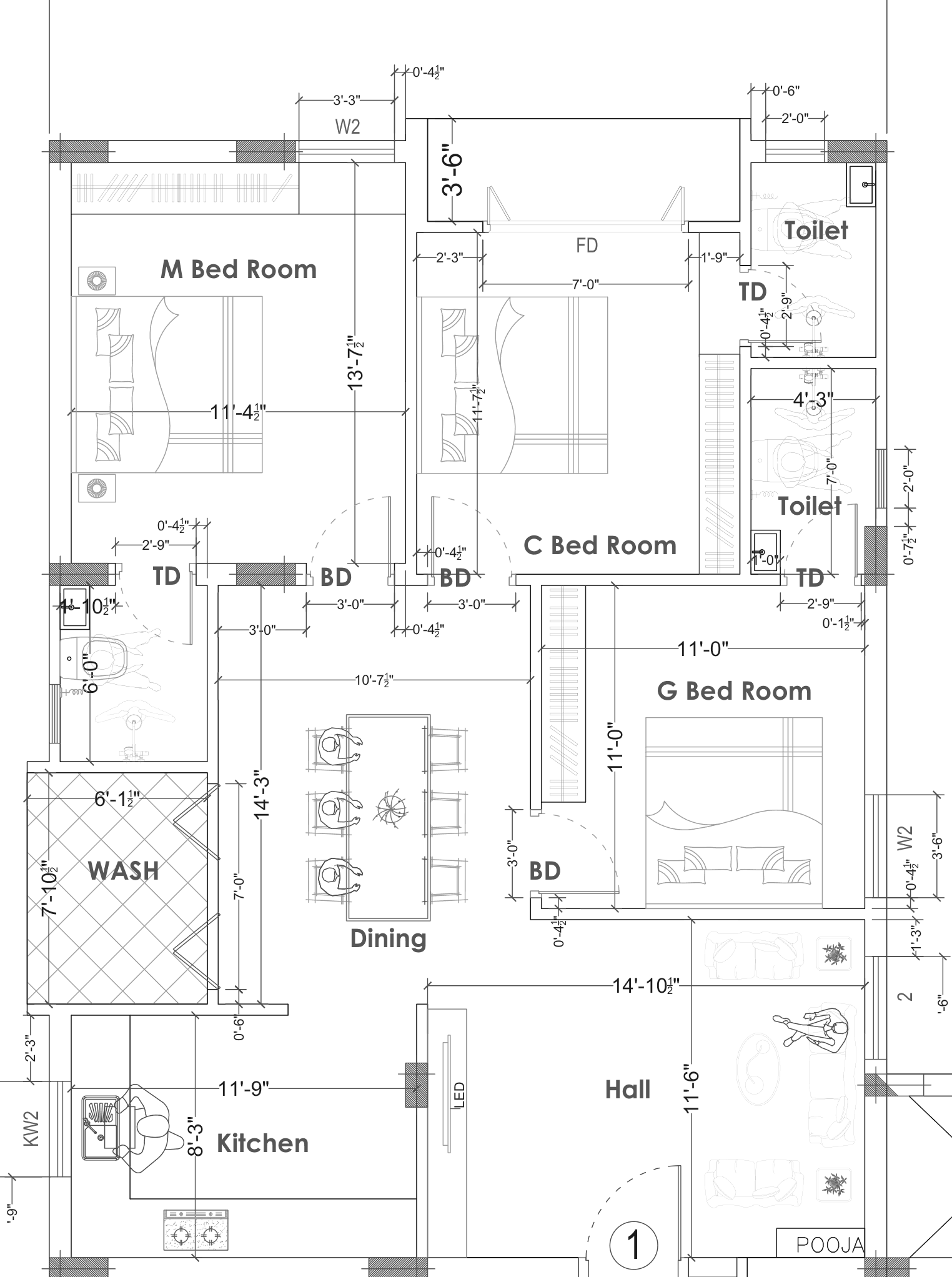 Floor plan of an inner-facing home (Flat 1): hall with pooja niche, dining with wash area, kitchen, three bedrooms, three toilets and a bedroom balcony