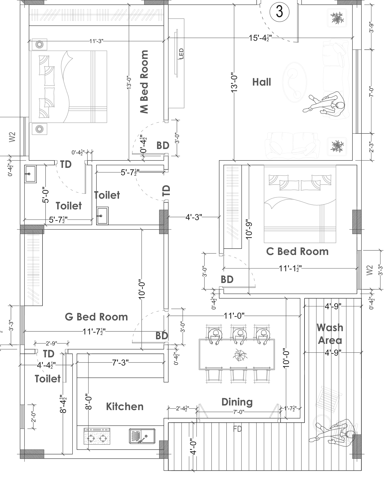Floor plan of a road-facing home (Flat 3): hall, dining with balcony, kitchen, three bedrooms, three toilets and a wash area