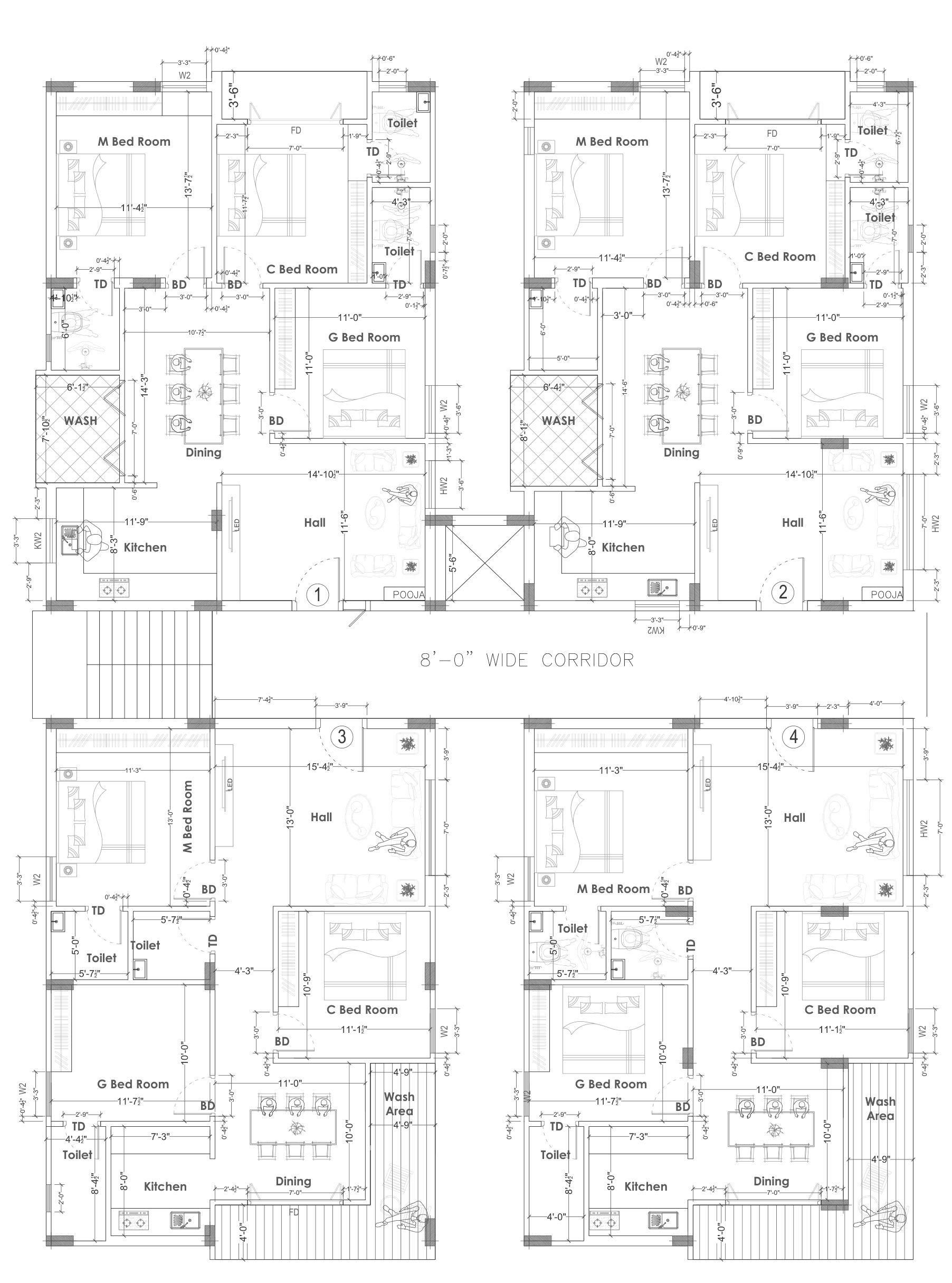 Typical floor plan: four homes around a central corridor with the lift and staircase